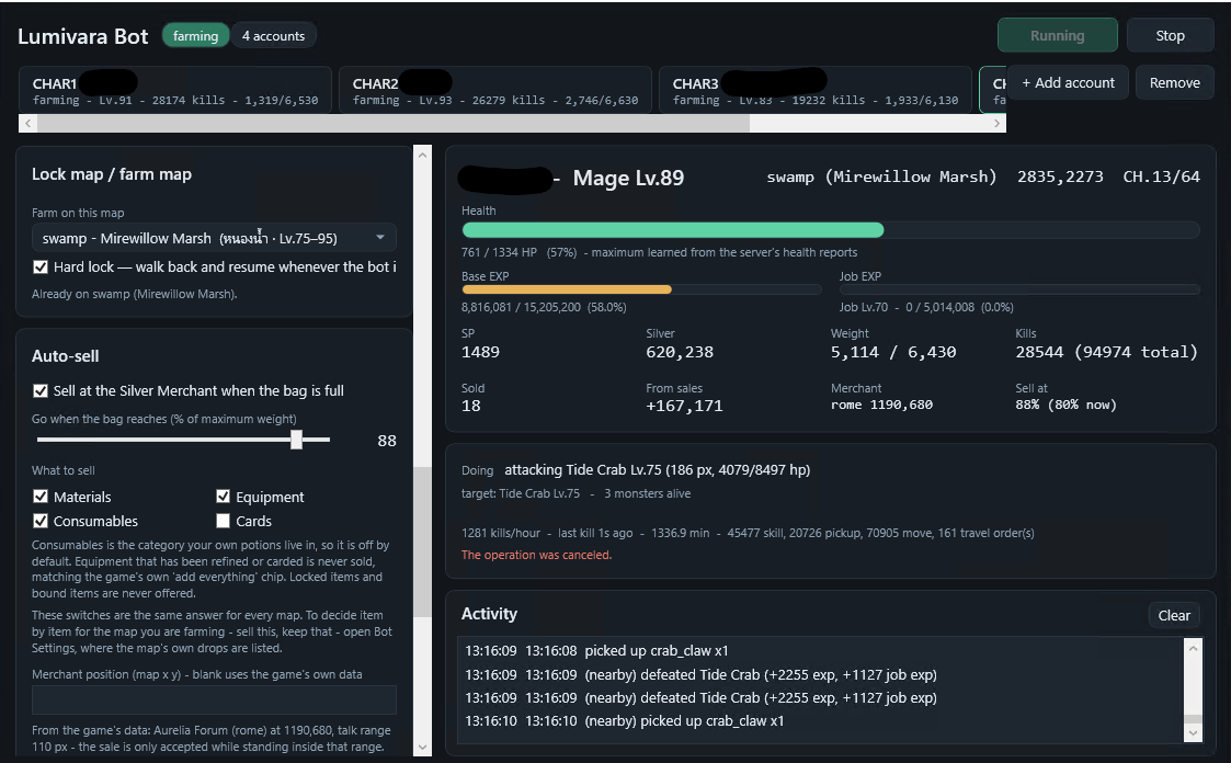 The Lumivara Bot window: a tab strip of four accounts, the lock map and auto-sell panel, and a live character panel with health, EXP, kill rate and an activity log.